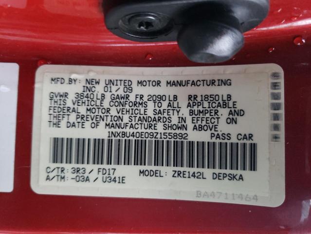 1NXBU40E09Z155892 - 2009 TOYOTA COROLLA BASE RED photo 13