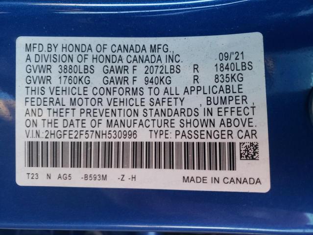 2HGFE2F57NH530996 - 2022 HONDA CIVIC SPORT 蓝色 照片 13