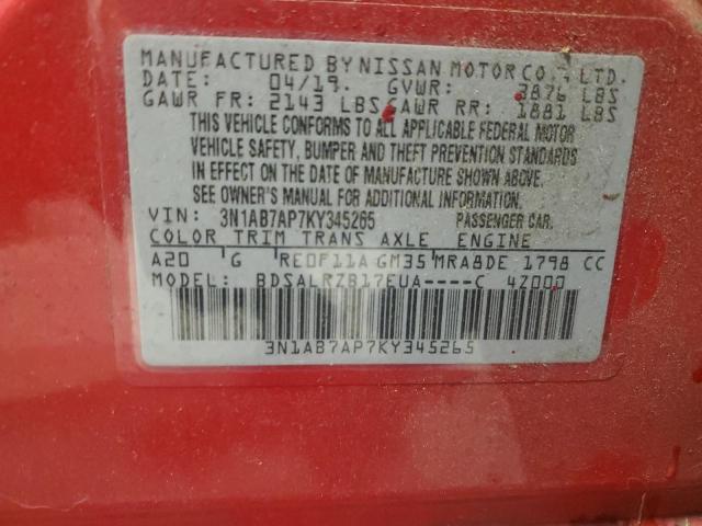 3N1AB7AP7KY345265 - 2019 NISSAN SENTRA S RED photo 13