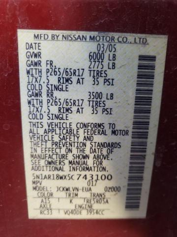 5N1AR18WX5C743100 - 2005 NISSAN PATHFINDER LE 勃艮第红 照片 13