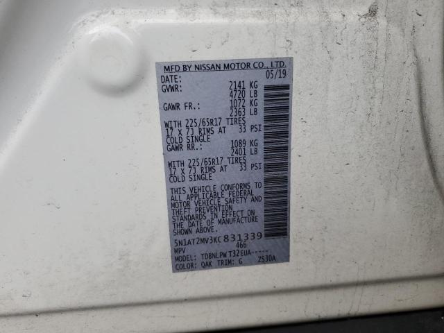 5N1AT2MV3KC831339 - 2019 NISSAN ROGUE S WHITE photo 12