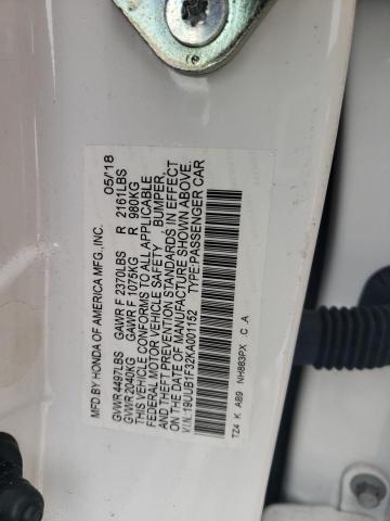 19UUB1F32KA001152 - 2019 ACURA TLX WHITE photo 12