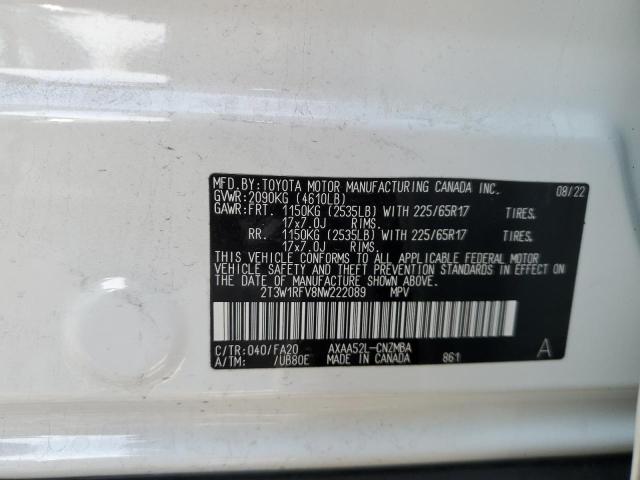 2T3W1RFV8NW222089 - 2022 TOYOTA RAV4 XLE WHITE photo 13