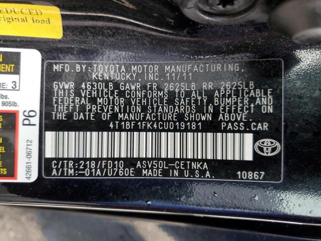 4T1BF1FK4CU019181 - 2012 TOYOTA CAMRY BASE BLACK photo 12