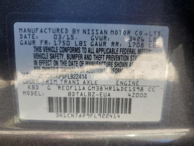 3N1CN7AP9FL922414 - 2015 NISSAN VERSA S GRAY photo 12