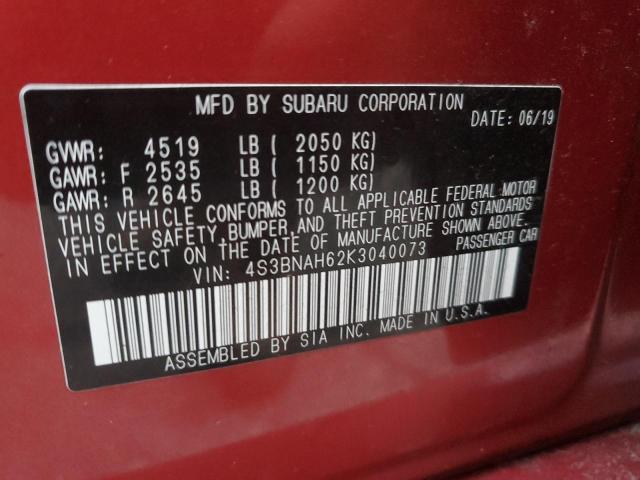 4S3BNAH62K3040073 - 2019 SUBARU LEGACY 2.5I PREMIUM RED photo 13