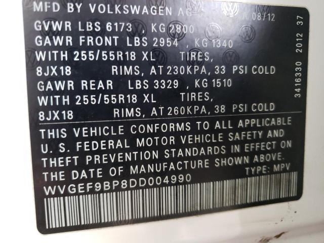 WVGEF9BP8DD004990 - 2013 VOLKSWAGEN TOUAREG V6 WHITE photo 13