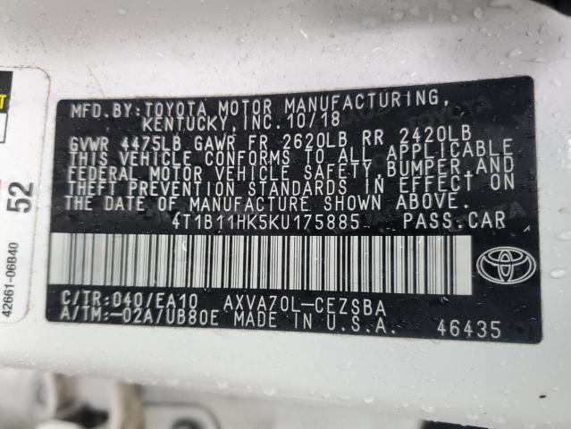 4T1B11HK5KU175885 - 2019 TOYOTA CAMRY L WHITE photo 12