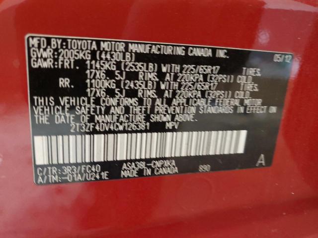 2T3ZF4DV4CW126381 - 2012 TOYOTA RAV4 RED photo 13