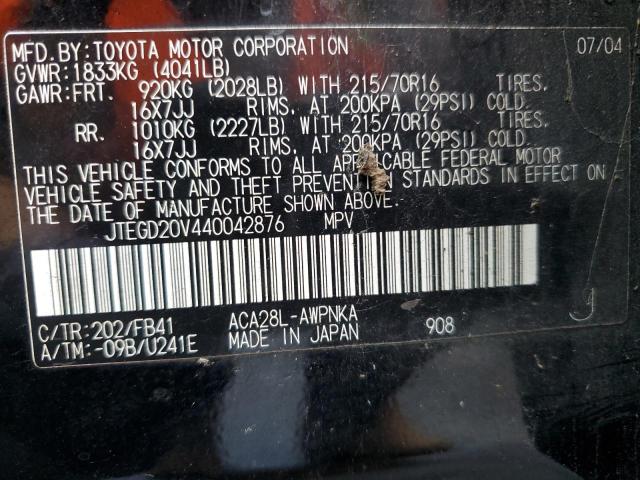 JTEGD20V440042876 - 2004 TOYOTA RAV 4 BLACK photo 12