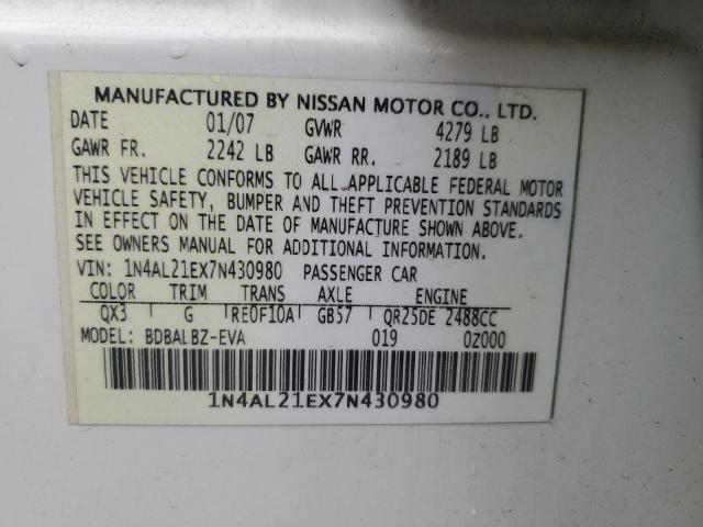 1N4AL21EX7N430980 - 2007 NISSAN ALTIMA 2.5 WHITE photo 13