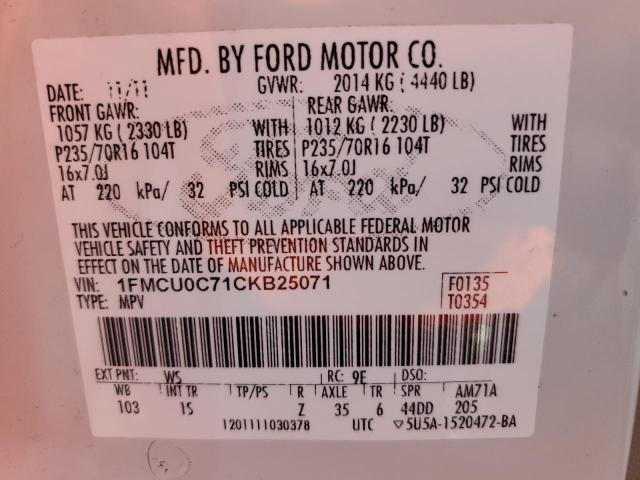 1FMCU0C71CKB25071 - 2012 FORD ESCAPE XLS WHITE photo 13