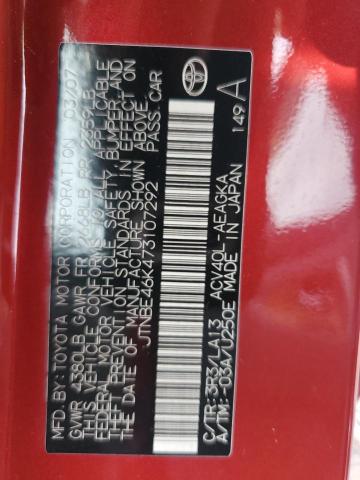 JTNBE46K473107292 - 2007 TOYOTA CAMRY CE RED photo 12