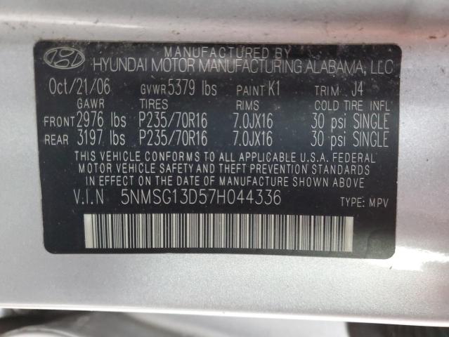 5NMSG13D57H044336 - 2007 HYUNDAI SANTA FE GLS SILVER photo 13