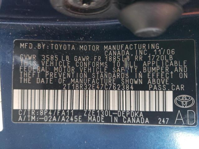 2T1BR32E47C762384 - 2007 TOYOTA COROLLA CE BLUE photo 12