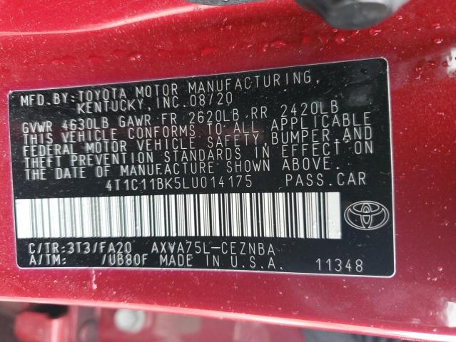 4T1C11BK5LU014175 - 2020 TOYOTA CAMRY LE RED photo 12