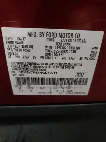 1FM5K7F8XHGD49011 - 2017 FORD EXPLORER LIMITED RED photo 14