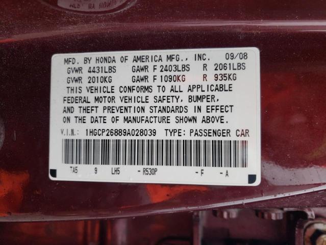 1HGCP26889A028039 - 2009 HONDA ACCORD EXL BURGUNDY photo 12