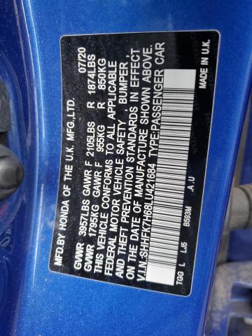 SHHFK7H68LU421684 - 2020 HONDA CIVIC EX BLUE photo 12