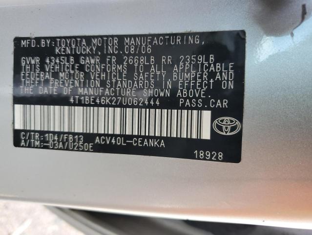 4T1BE46K27U062444 - 2007 TOYOTA CAMRY CE SILVER photo 12