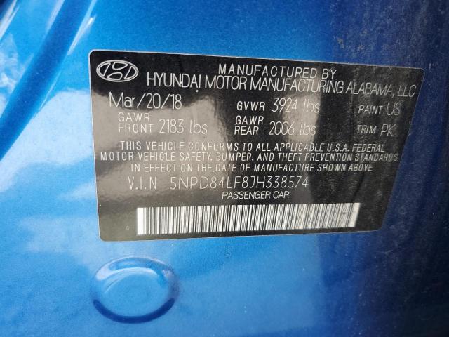 5NPD84LF8JH338574 - 2018 HYUNDAI ELANTRA SEL BLUE photo 12