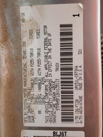 5TFRM5F12KX135113 - 2019 TOYOTA TUNDRA DOUBLE CAB SR/SR5 GRAY photo 12