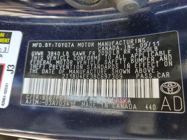 2T1BU4EE3BC697309 - 2011 TOYOTA COROLLA BASE BLUE photo 13