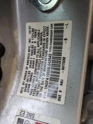 1HGFA15558L042645 - 2008 HONDA CIVIC LX SILVER photo 12