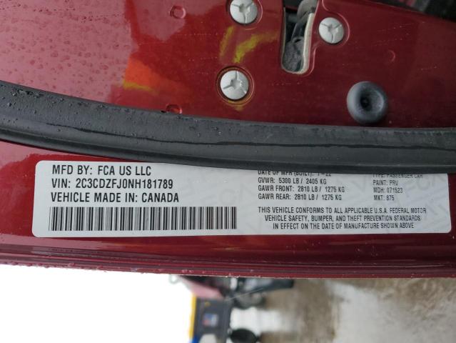 2C3CDZFJ0NH181789 - 2022 DODGE CHALLENGER R/T SCAT PACK BURGUNDY photo 12