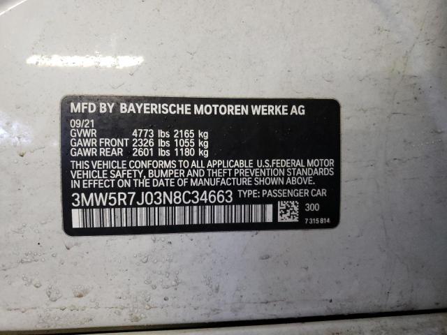 3MW5R7J03N8C34663 - 2022 BMW 330XI WHITE photo 12