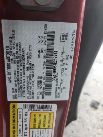 3FA6P0HD5JR259944 - 2018 FORD FUSION SE RED photo 12