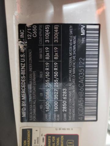 4JGDA5HB6CA035122 - 2012 MERCEDES-BENZ ML 350 4MATIC WHITE photo 12