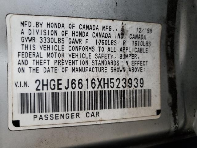 2HGEJ6616XH523939 - 1999 HONDA CIVIC BASE SILVER photo 12