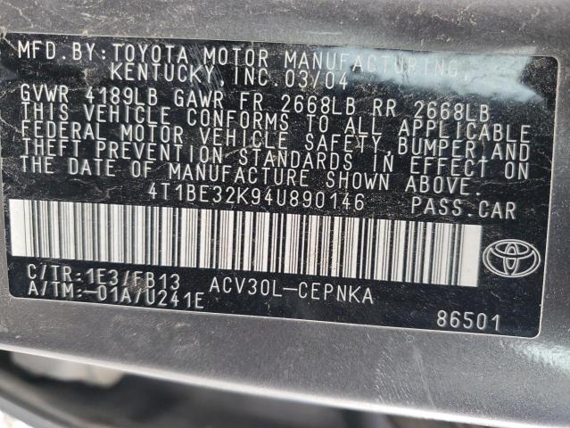 4T1BE32K94U890146 - 2004 TOYOTA CAMRY LE GRAY photo 12