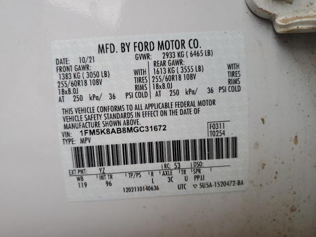 1FM5K8AB8MGC31672 - 2021 FORD EXPLORER POLICE INTERCEPTOR WHITE photo 14