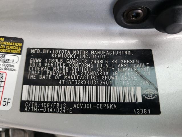 4T1BE32KX4U343404 - 2004 TOYOTA CAMRY LE SILVER photo 12