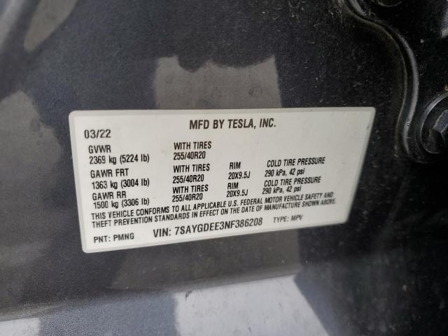 7SAYGDEE3NF386208 - 2022 TESLA MODEL Y SILVER photo 13