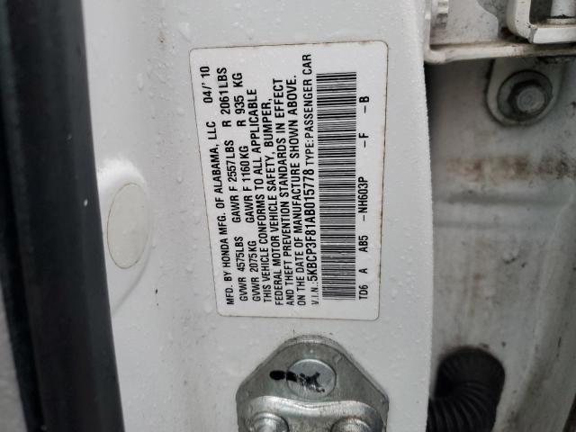 5KBCP3F81AB015778 - 2010 HONDA ACCORD EXL WHITE photo 12