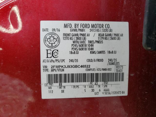 2FMPK3J93GBC46522 - 2016 FORD EDGE SEL RED photo 13