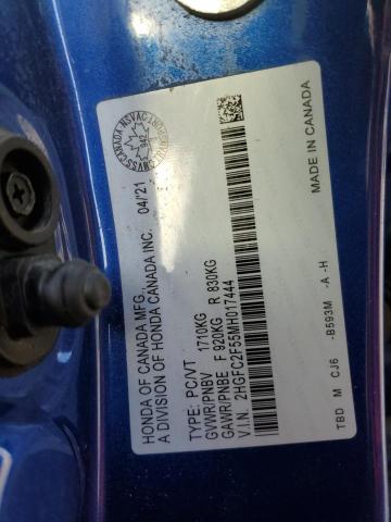 2HGFC2F55MH017444 - 2021 HONDA CIVIC LX BLUE photo 12