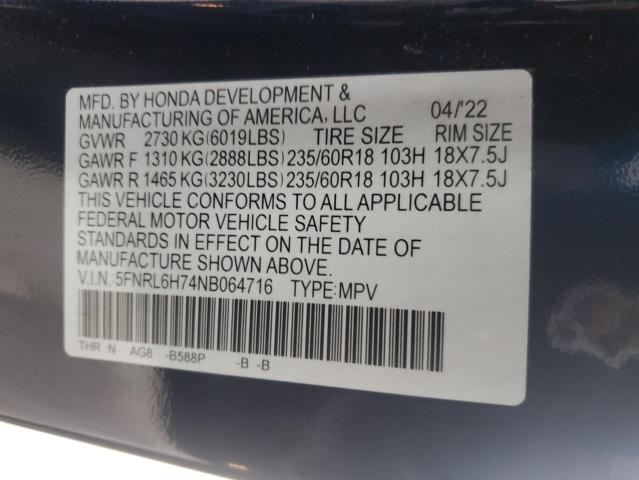 5FNRL6H74NB064716 - 2022 HONDA ODYSSEY EXL BLUE photo 14