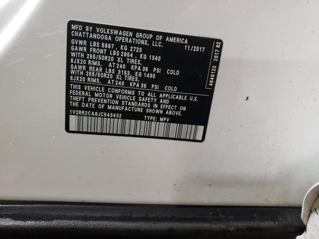 1V2RR2CA8JC543432 - 2018 VOLKSWAGEN ATLAS SEL WHITE photo 13
