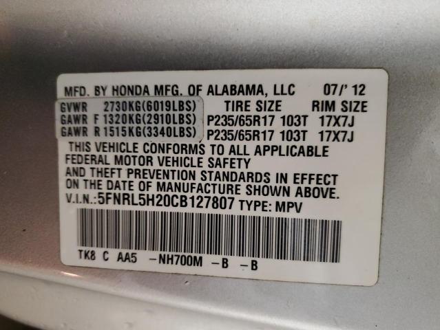 5FNRL5H20CB127807 - 2012 HONDA ODYSSEY LX SILVER photo 13