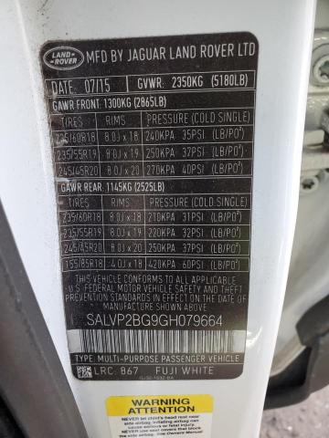 SALVP2BG9GH079664 - 2016 LAND ROVER RANGE ROVE SE WHITE photo 12