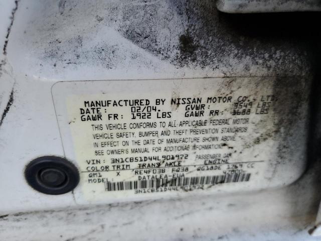 3N1CB51D44L901972 - 2004 NISSAN SENTRA 1.8 WHITE photo 13