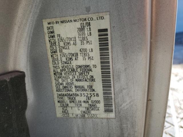 1N6BA06A98N352558 - 2008 NISSAN TITAN XE SILVER photo 12