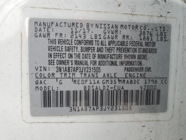 3N1AB7AP3JY231505 - 2018 NISSAN SENTRA S WHITE photo 12