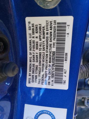 19XFC1F39JE002900 - 2018 HONDA CIVIC EX BLUE photo 13