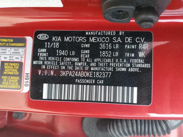 3KPA24AB0KE182377 - 2019 KIA RIO S RED photo 12