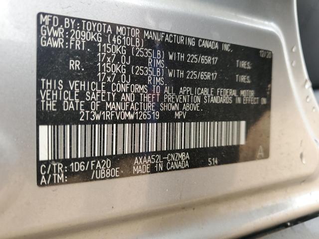 2T3W1RFV0MW126519 - 2021 TOYOTA RAV4 XLE SILVER photo 12